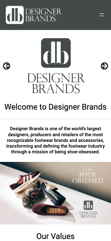 Designer Brands Canada official website captured at a 390 by 844 mobile viewport